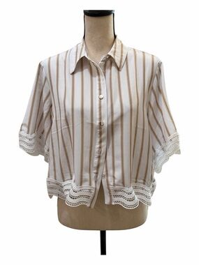 Rylee Moon Short Sleeve Blouse with Tan Stripes & Lace Trim Sz M NWT
